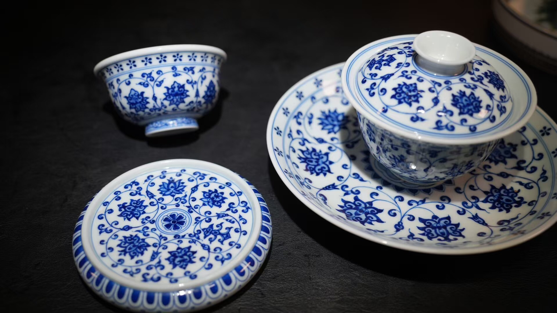 仿古青花缠枝莲盖碗功夫茶具家用泡茶壶釉下彩