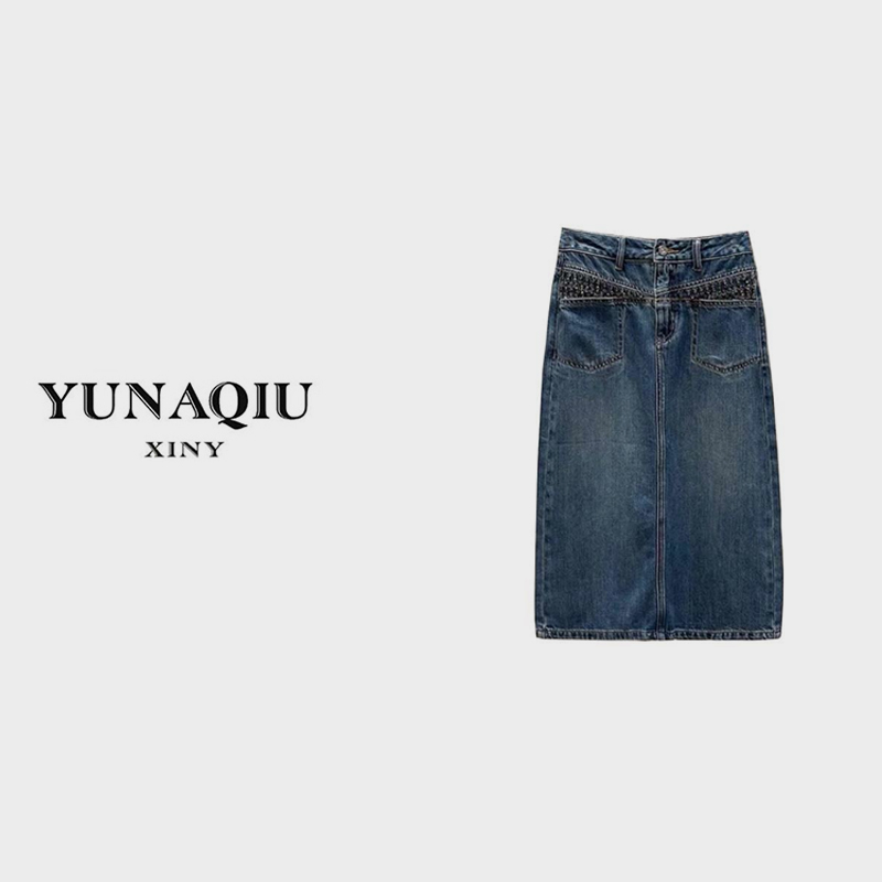 YUNAQIU高定重工轻奢串珠牛仔裙显瘦高腰开叉春夏新款半身裙-2020