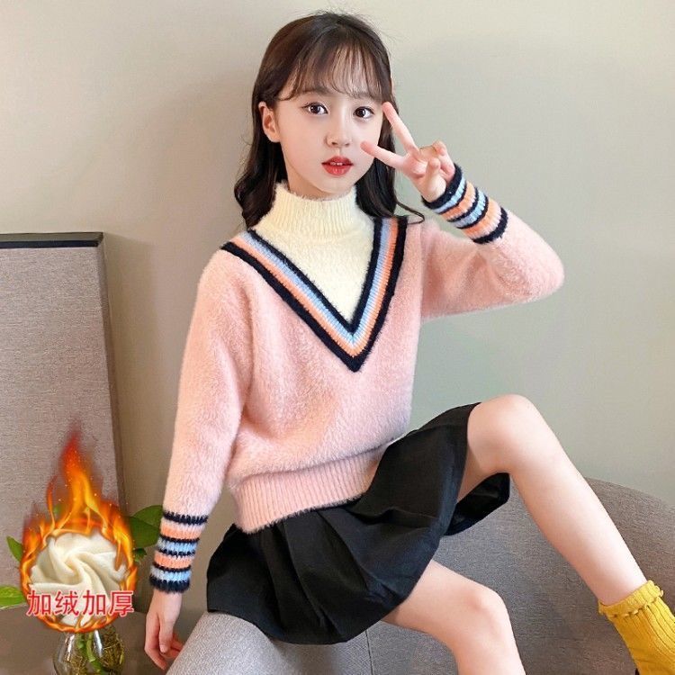 女童毛衣加厚水貂绒秋冬新款中大童洋气儿童针织衫一体绒打底衫