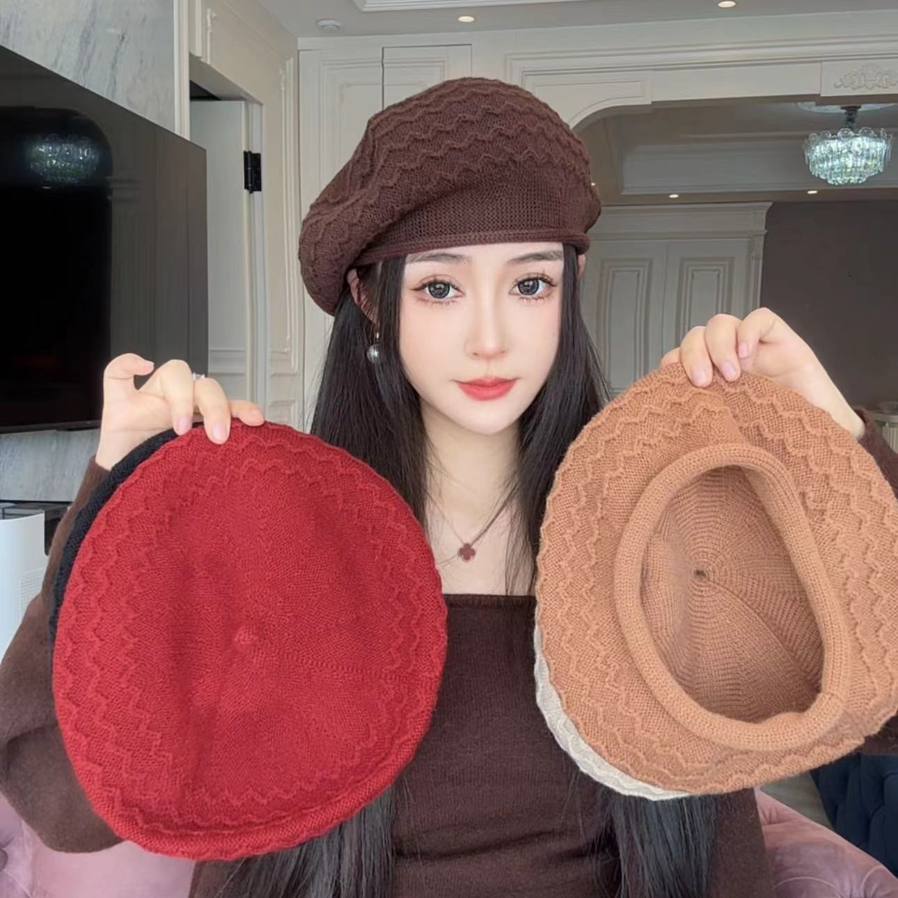 卷边针织贝雷帽女士贝雷帽针织毛线帽子时尚百搭蓓蕾画家帽保暖帽