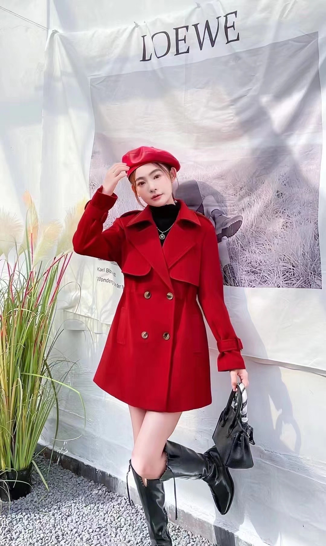 欧洲站新款修身气质外套红色中长款秋冬呢子洋气百搭时尚韩版大衣