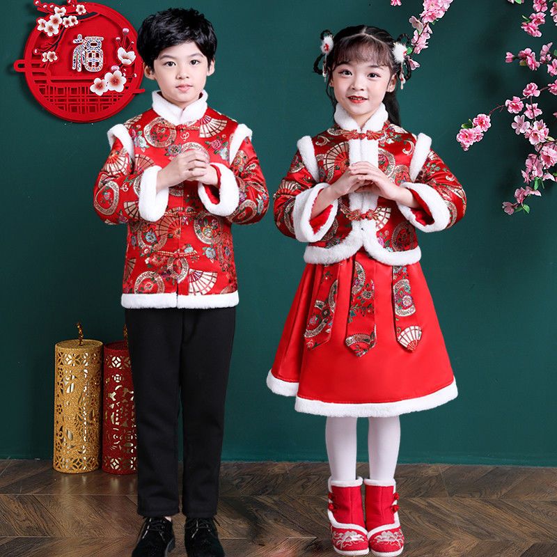 新年拜年服女童汉服男童年服加绒中国风唐装元旦儿童喜庆演出服冬