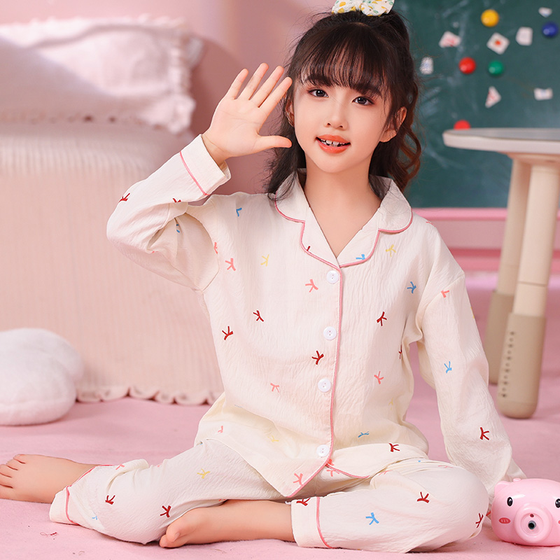 春秋季纯棉睡衣女孩女童中大童长袖开衫云朵棉薄款睡衣夏季空调服