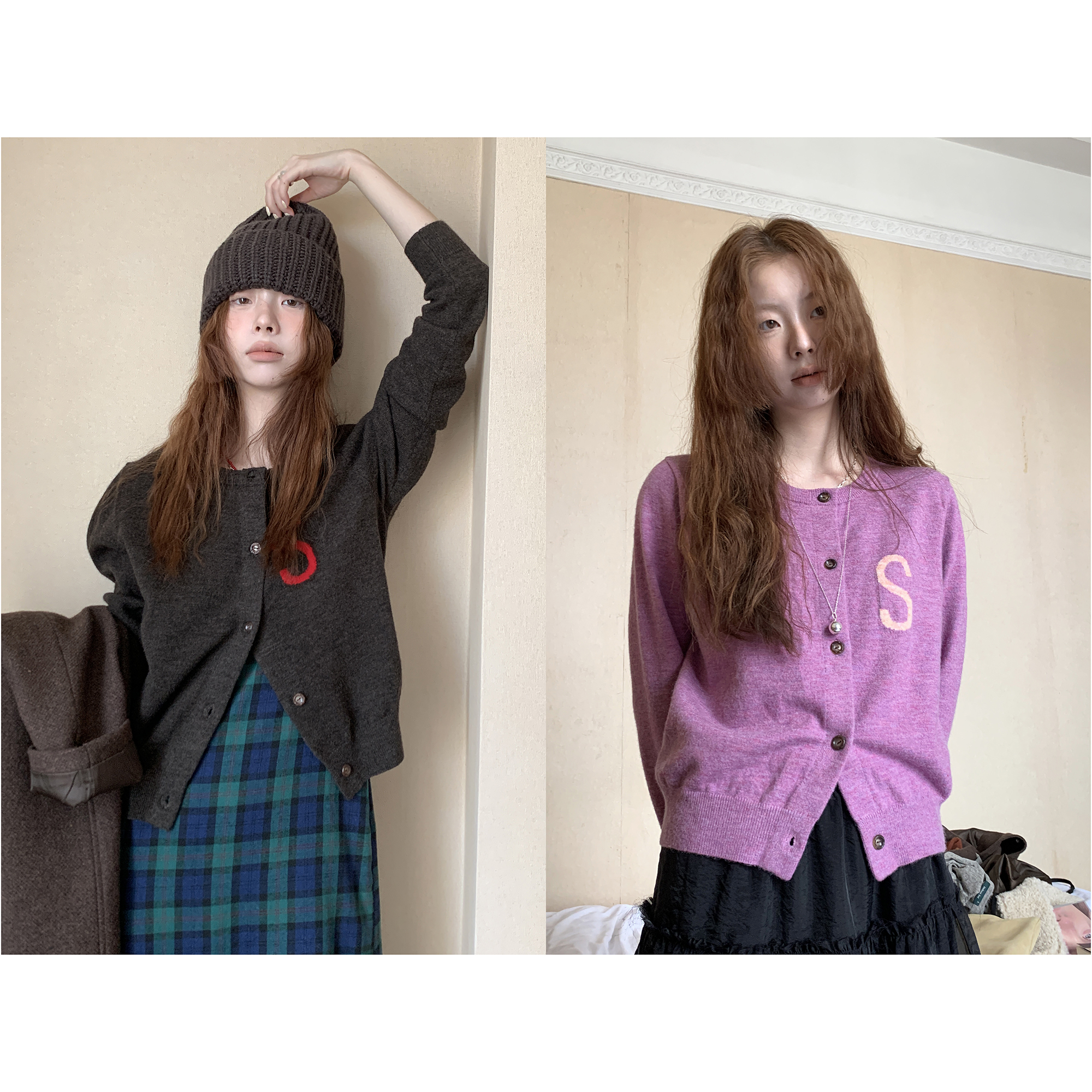 HelloooEat 复古感圆领针织开衫EM1860