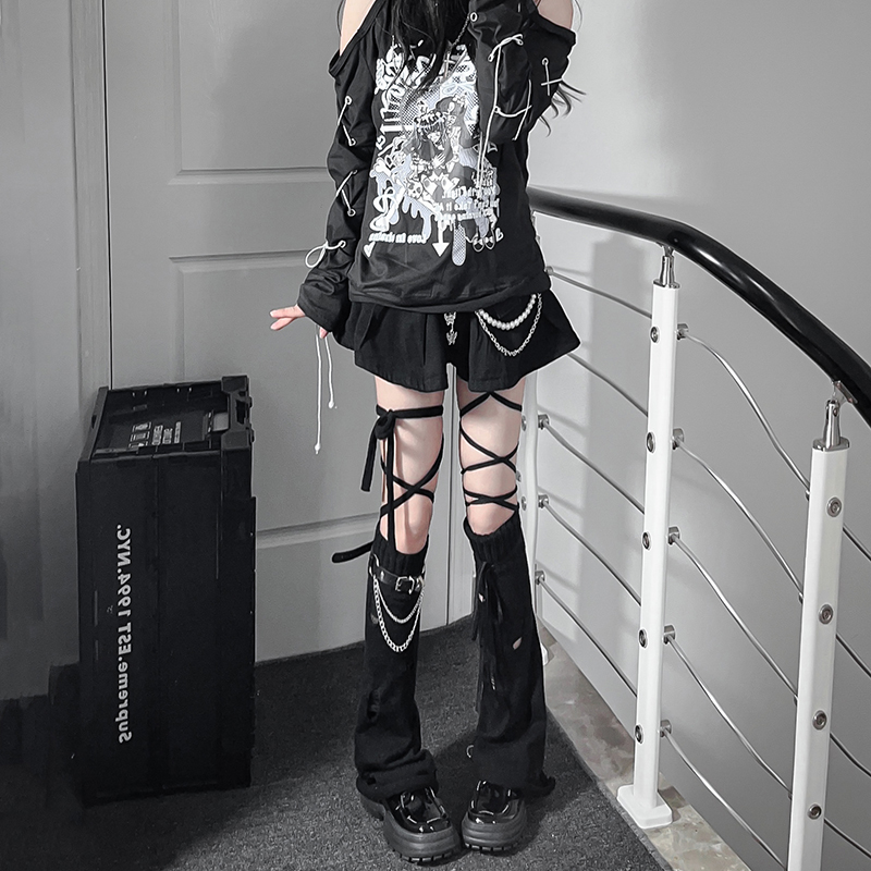 黑色y2k腿套女款破洞个性ins潮针织堆堆袜显瘦防晒jk袜套少女辣妹
