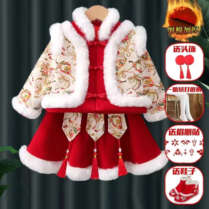 儿童拜年服女童中国风唐装汉服加绒加厚公主裙秋冬新年元旦喜庆服