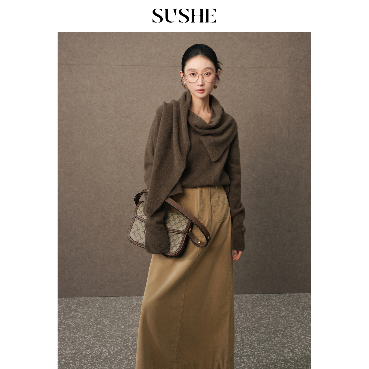 SUSHE慢香知性优雅风斜门襟围巾领宽松秋冬时尚针织毛衣冬季上衣