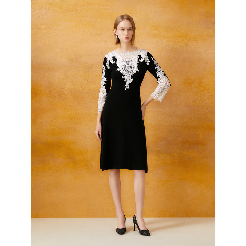 Song of Song歌中歌高贵气质黑色春季中长款毛针织衫5C34106070