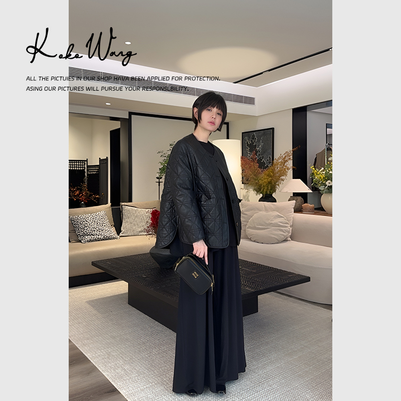 KOKOWANG高级感经典菱格不规则真皮3M棉服百搭外套230684H05W46