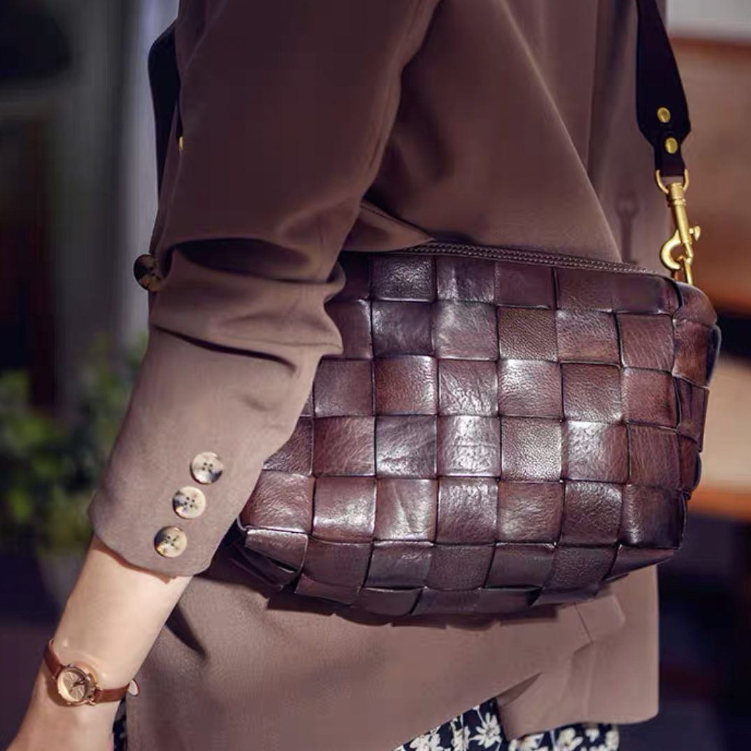 植揉牛皮编织大包真皮时尚百搭编织包复古