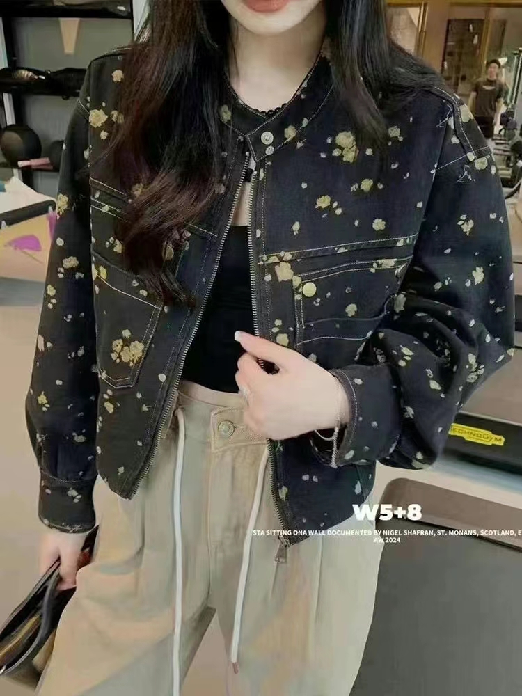 秋季新款复古印花牛仔外套宽松设计感显瘦夹克上衣
