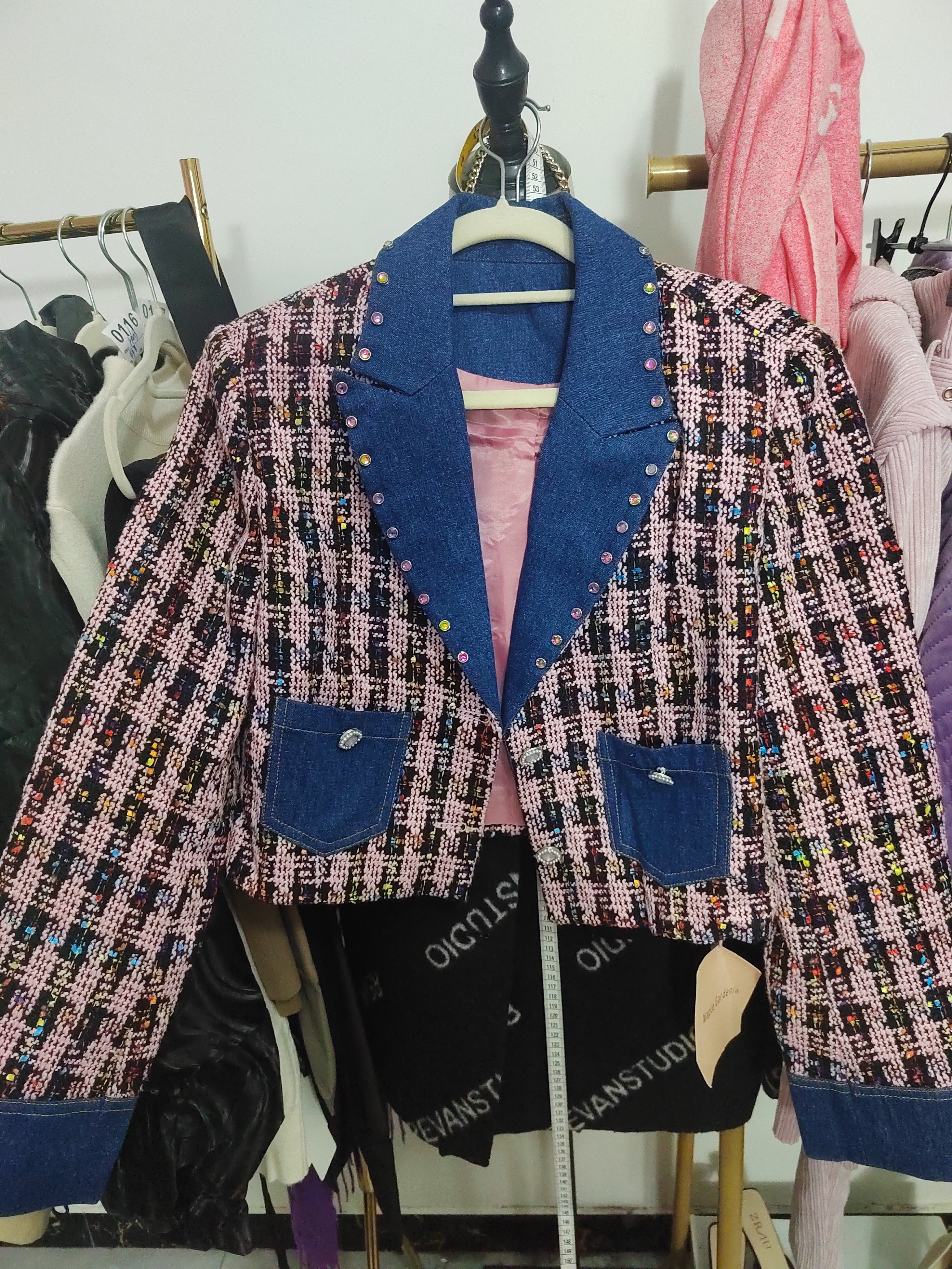 89！常规款纽扣中性短外套千鸟格百搭女士女装单排扣秋冬格子