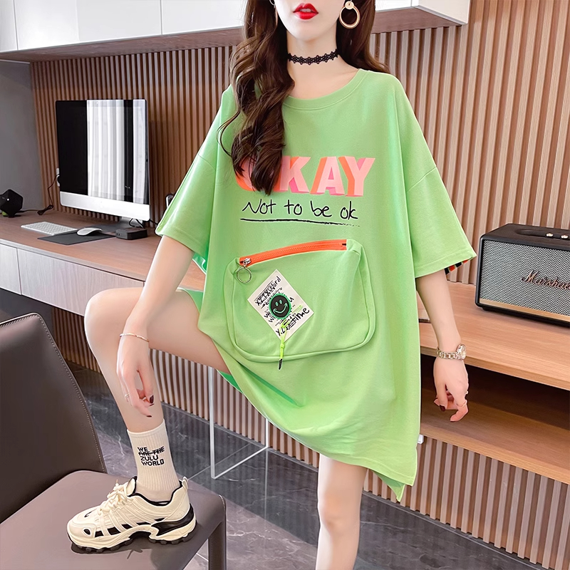 夏季中长款纯棉短袖t恤女大码胖mm洋气宽松中长款设计感口袋上衣