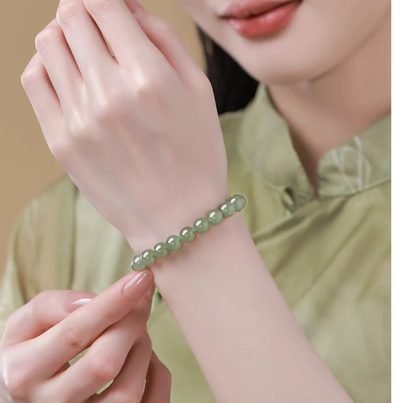双旦狂欢季天然和田玉晴水8MM单圈玉手串链绿色串珠明星孙仟同款