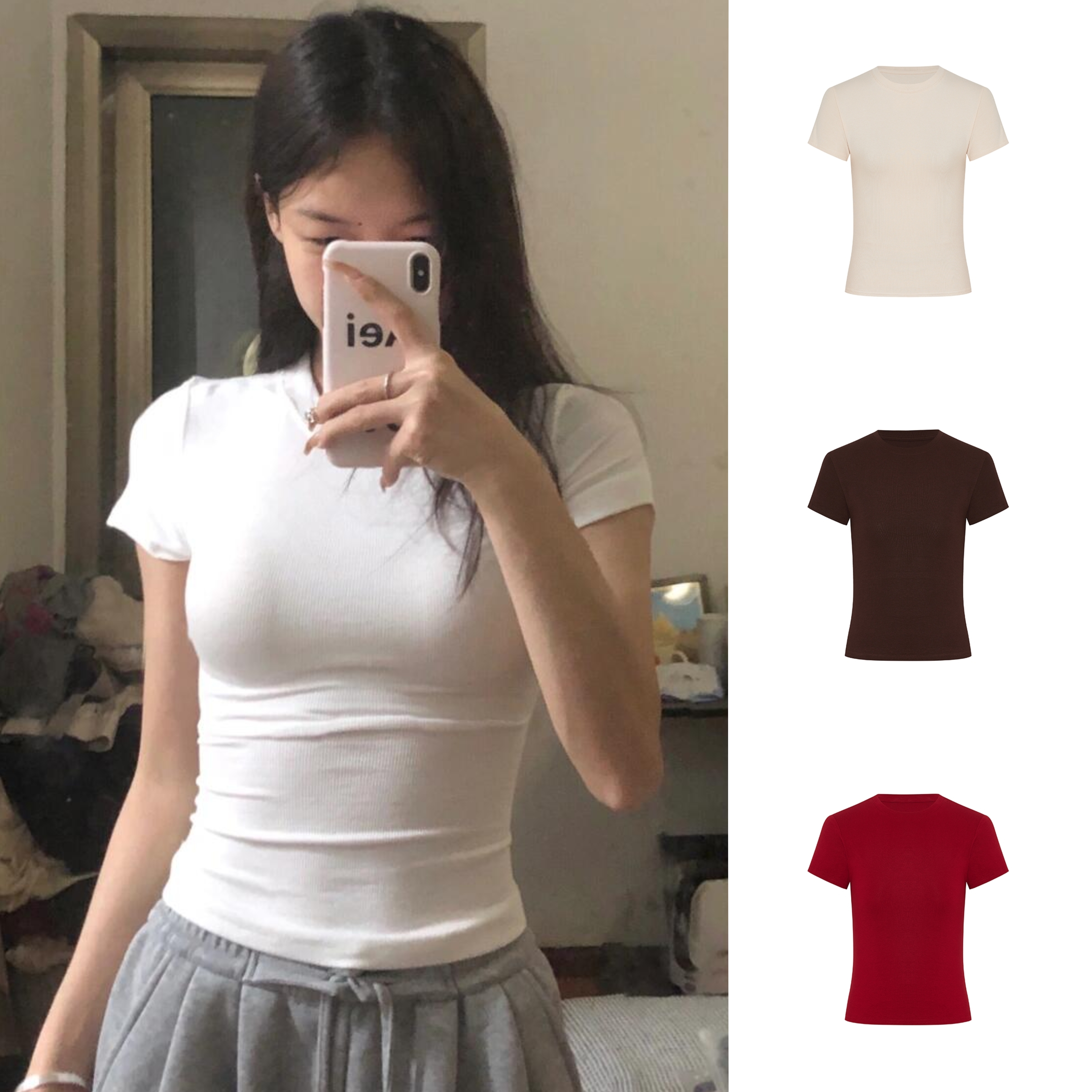 Moses Queen/魔西女王掐腰正肩t恤白色短袖女修身辣妹短款打底衫