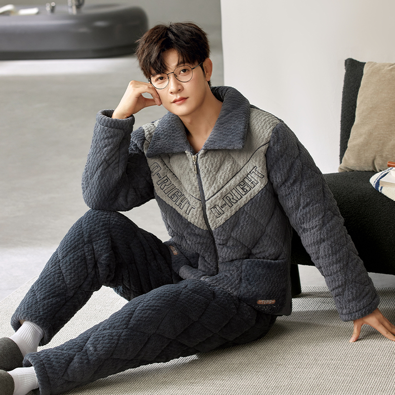 【撤柜特价】三层夹棉睡衣男可外穿超厚拉链立领冬季保暖男士家居服