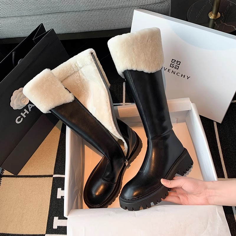 Cheirs Kawer羊羔毛骑士靴女鞋2023年新款秋冬季加绒毛毛冬鞋奶白