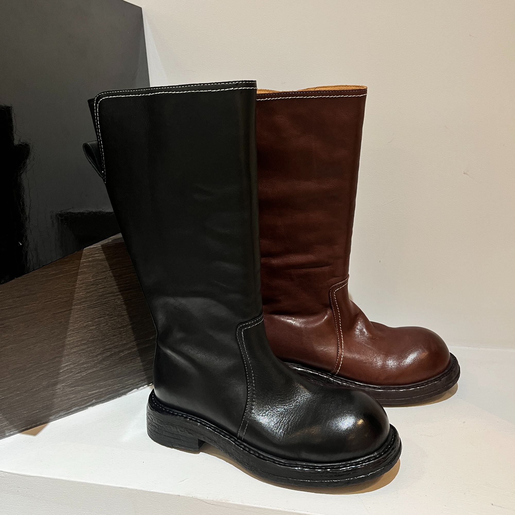 锡林高乐秋季新款 双层牛皮 中筒靴子 欧美风韩风厚底高筒靴