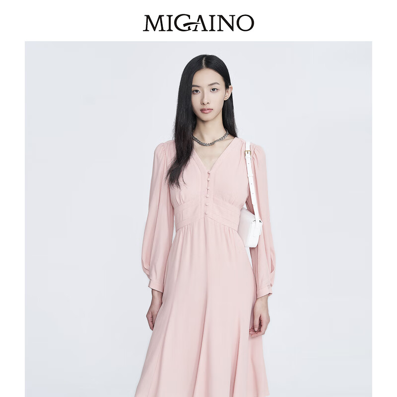 Migaino曼娅奴气质连衣裙女新款优雅V领A字裙MN12DC084
