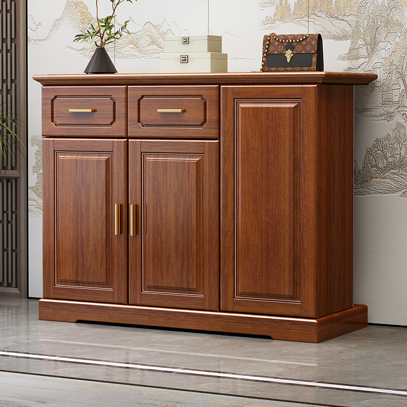 现代中式实木鞋柜客厅门口换鞋柜子带镜胡桃木收纳柜置物防尘玄关
