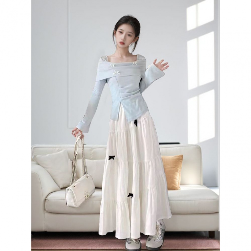 初秋季新款设计感蝴蝶结一字肩长袖毛衣女修身显瘦针织衫独特上衣