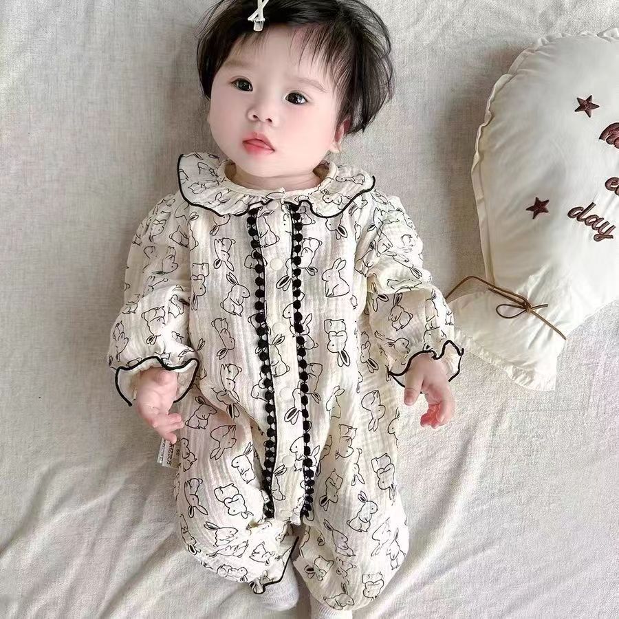 纯棉纱布新生儿满月百天小公主夏装女宝宝外出衣服长袖哈衣爬服