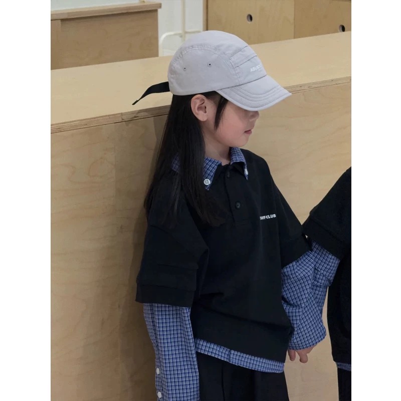 【bora团】长袖t恤儿童秋装2024新款韩系潮牌假两件翻领上衣打底衫