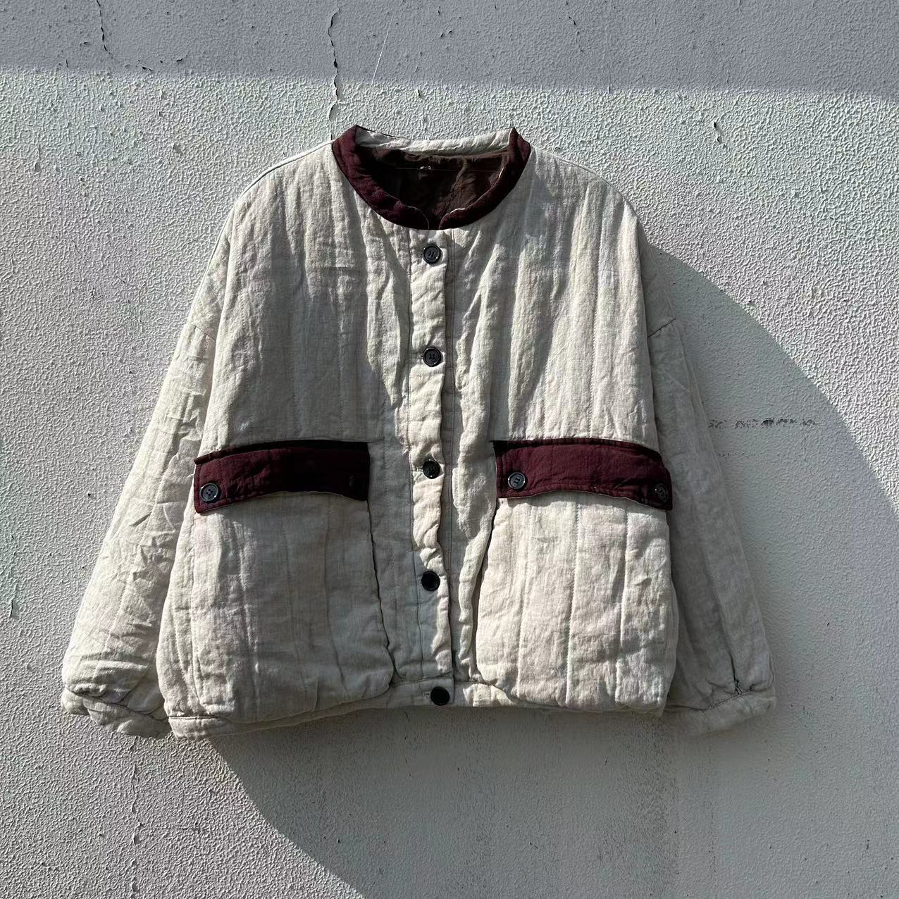 《雅丹》秋新款立体口袋纱洗亚麻复古棉袄时尚休闲撞色短款百搭棉服