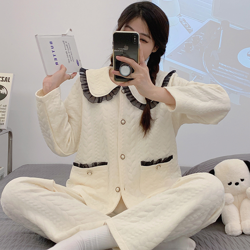睡衣女秋冬加厚可外穿清新韩版简约家居服空气长袖套装
