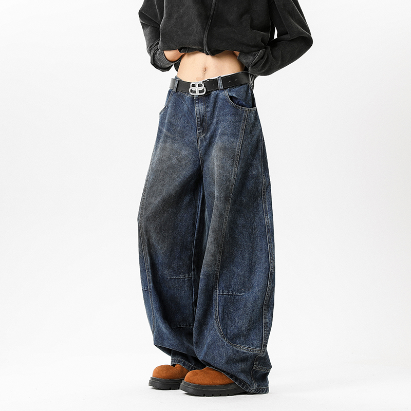 美式解构水洗弯刀牛仔裤男春秋新款宽松复古设计感直筒阔腿长裤子