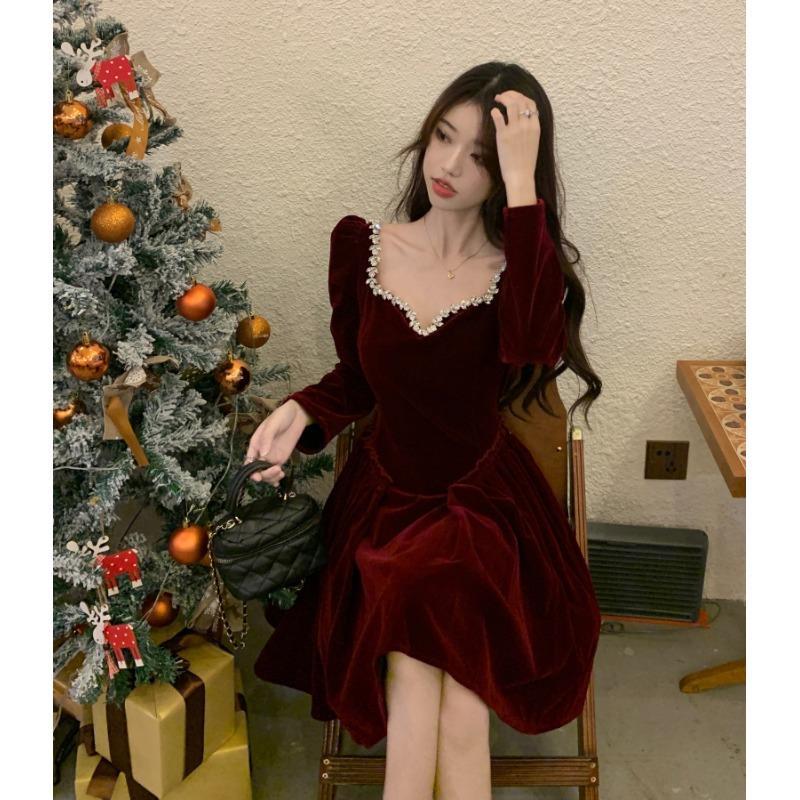 圣诞女装小香风连衣裙女秋装红色内搭长裙法式气质丝绒裙子高级感