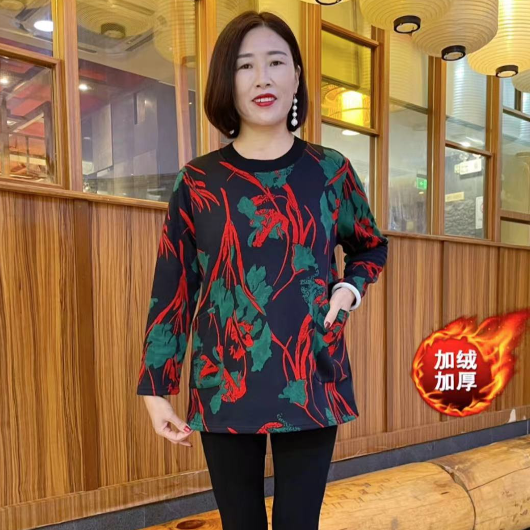 2024冬季加绒加厚时尚长袖中老年保暖大码圆领洋气妈妈装
