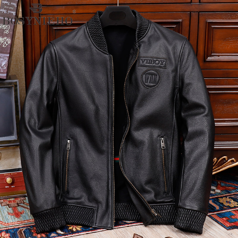刺绣棒球服纯头层牛皮修身真皮皮衣男士男款皮夹克大码加棉外套