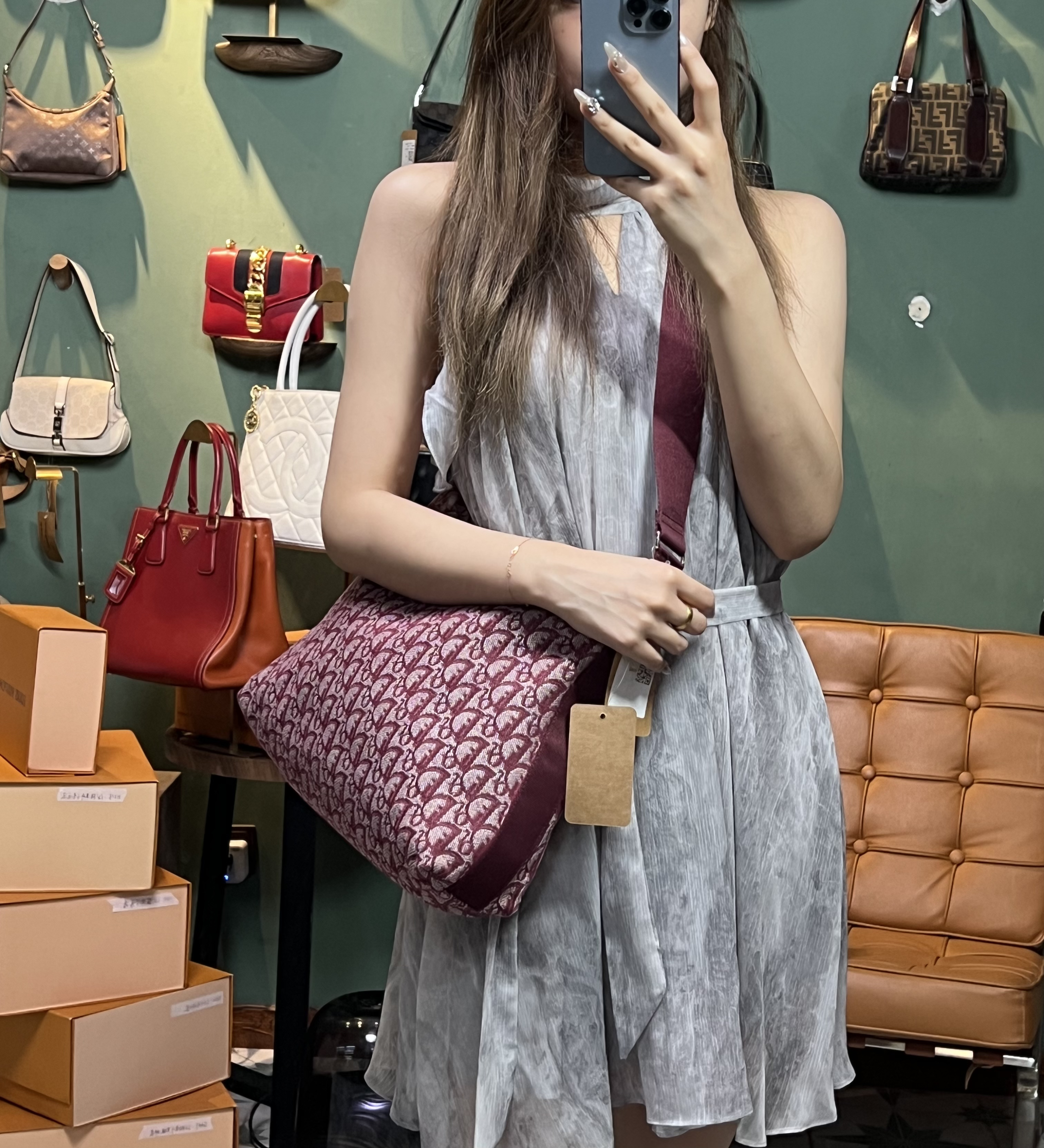 95新 DIOR/迪奥 迪奥粉刺绣斜挎/H562单肩中号复古拼色时尚中古