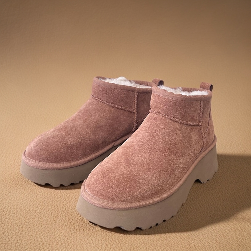 桑坡2024冬季新款女士厚底人鱼短靴皮毛一体保暖增高短筒雪地靴冬