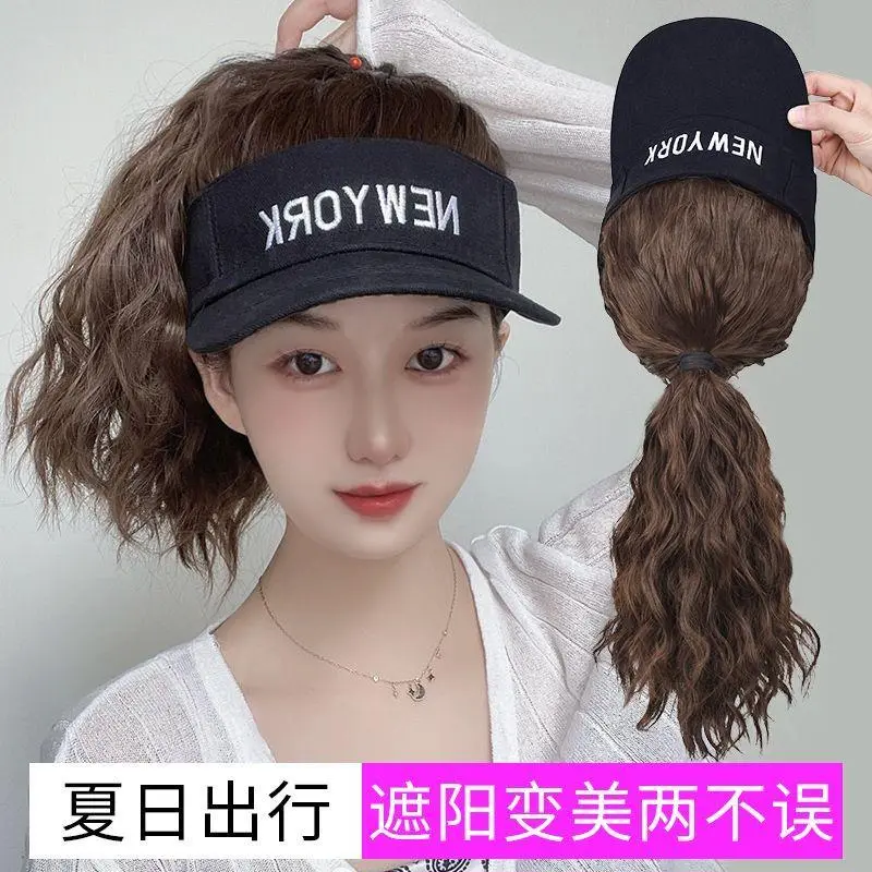 2024帽子假发一体时尚夏季空顶遮阳帽水波纹女网红百搭高马尾全头