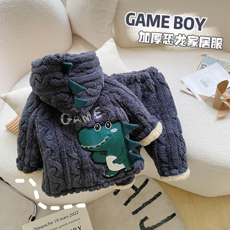 儿童睡衣套装儿童冬季居家服宝宝三层夹棉加绒衣服潮