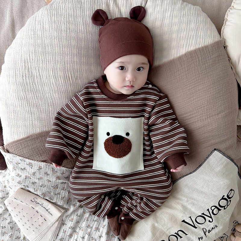 婴儿条纹加绒哈衣连体衣服秋冬款款装百天宝宝超萌潮流