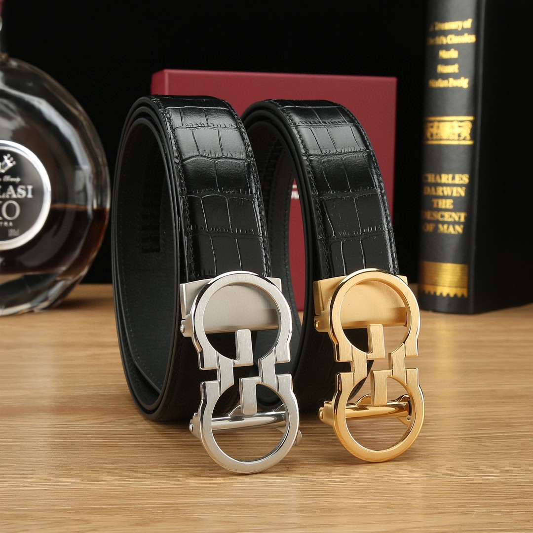 古励3.5宽不锈钢自动扣复古鳄鱼皮皮带男士时尚休闲百搭真皮皮带