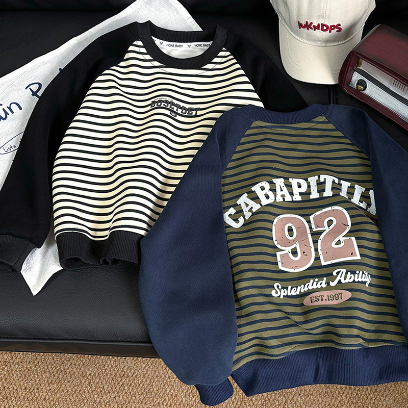 2025儿童秋季韩版棉质卫衣条纹百搭上衣男女童插肩拼色卫衣中