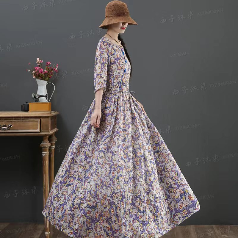 九月卡卡 原创 纯苎麻 大摆裙 大码夏装 短袖长裙 连衣裙 9201