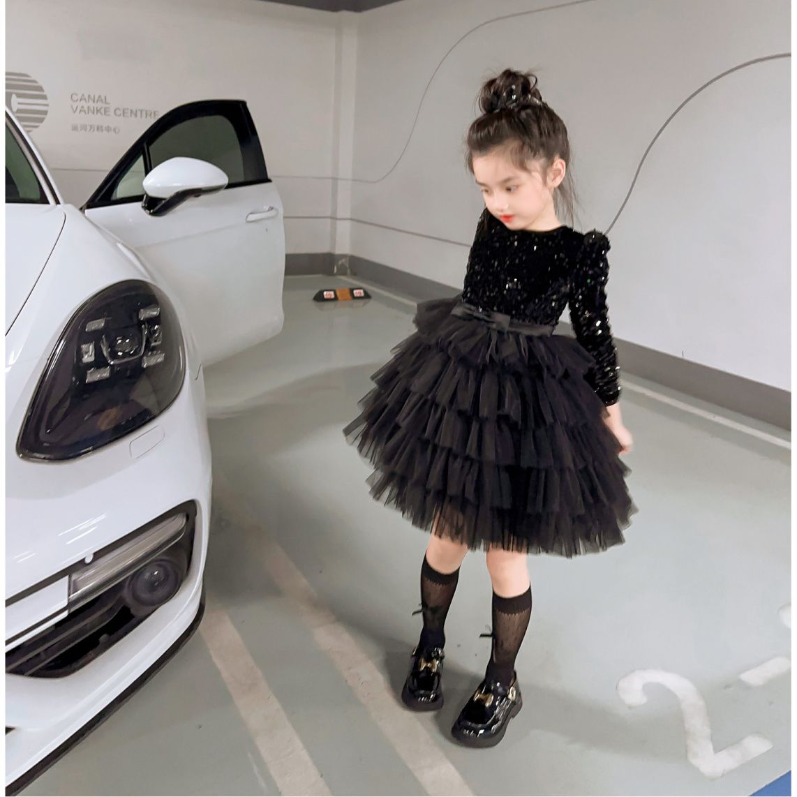 儿童童装2023秋季新款女童韩版气质闪闪亮片莎莎下摆连衣裙女童