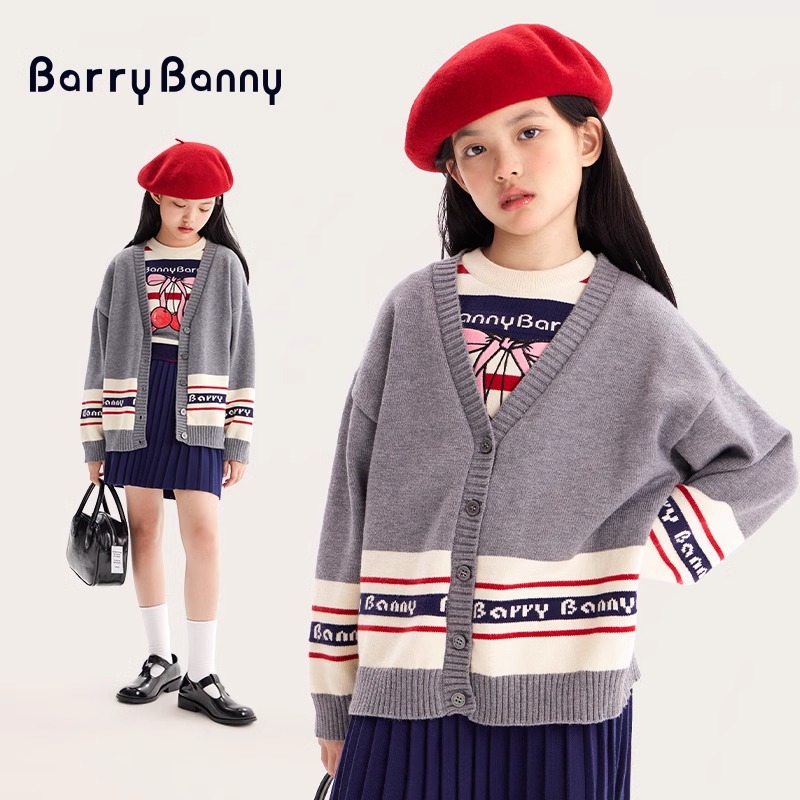 BarryBanny潮牌童装新款衣服儿童女童针织开衫复古条纹小外套慵懒