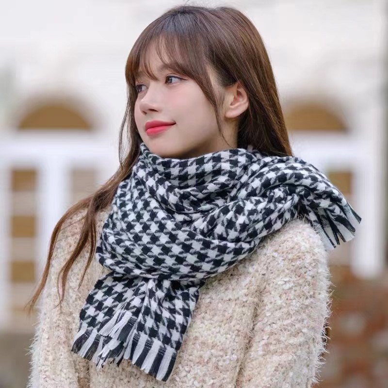 千鸟格子时尚围巾女秋冬季2023新款韩版百搭学生披肩保暖围脖男潮