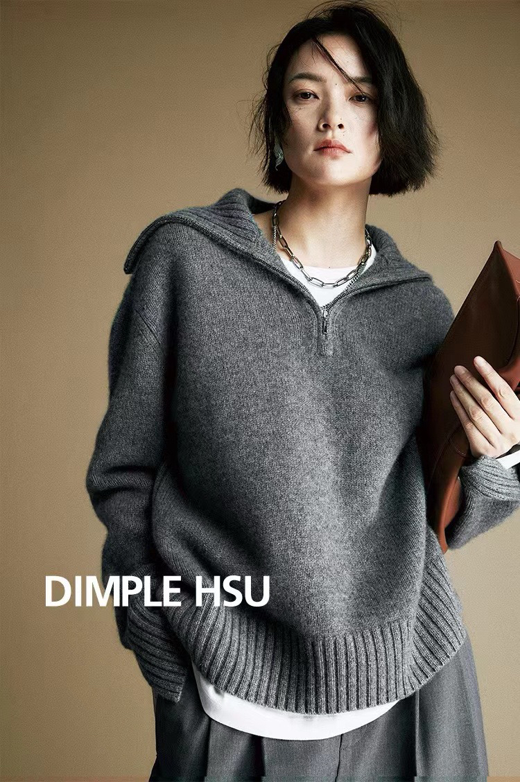 法式高级感半拉链高领毛衣女秋冬堆堆领打底衫翻领羊毛衫