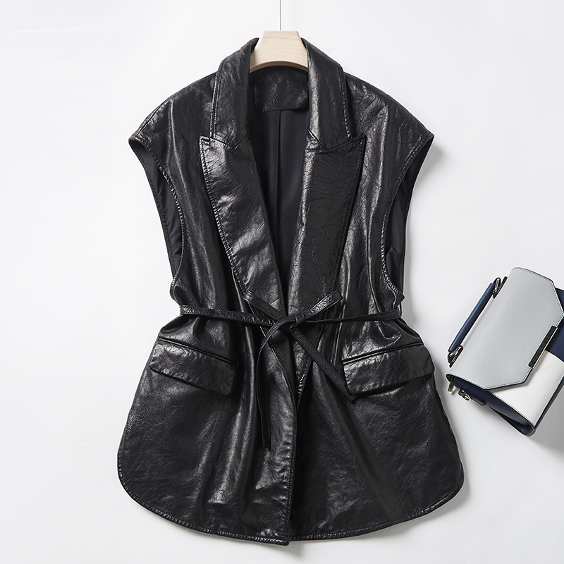 真皮绵羊皮马甲女2024春新款宽松廓形显瘦落肩进口油蜡皮系带背心
