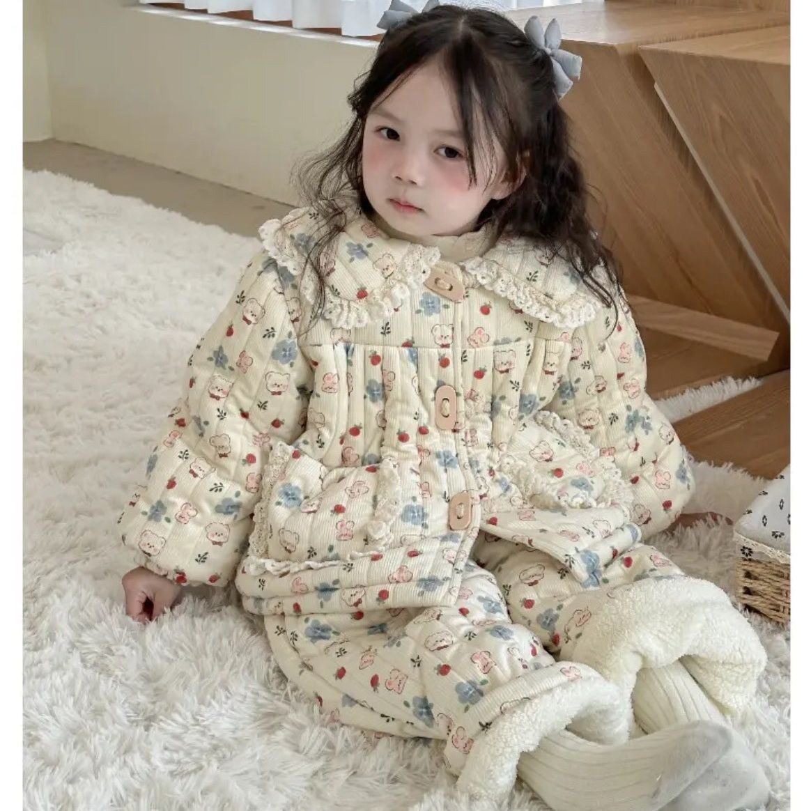 冬季儿童夹棉睡衣女孩灯芯绒三层加绒加厚中小童可爱印花家居服