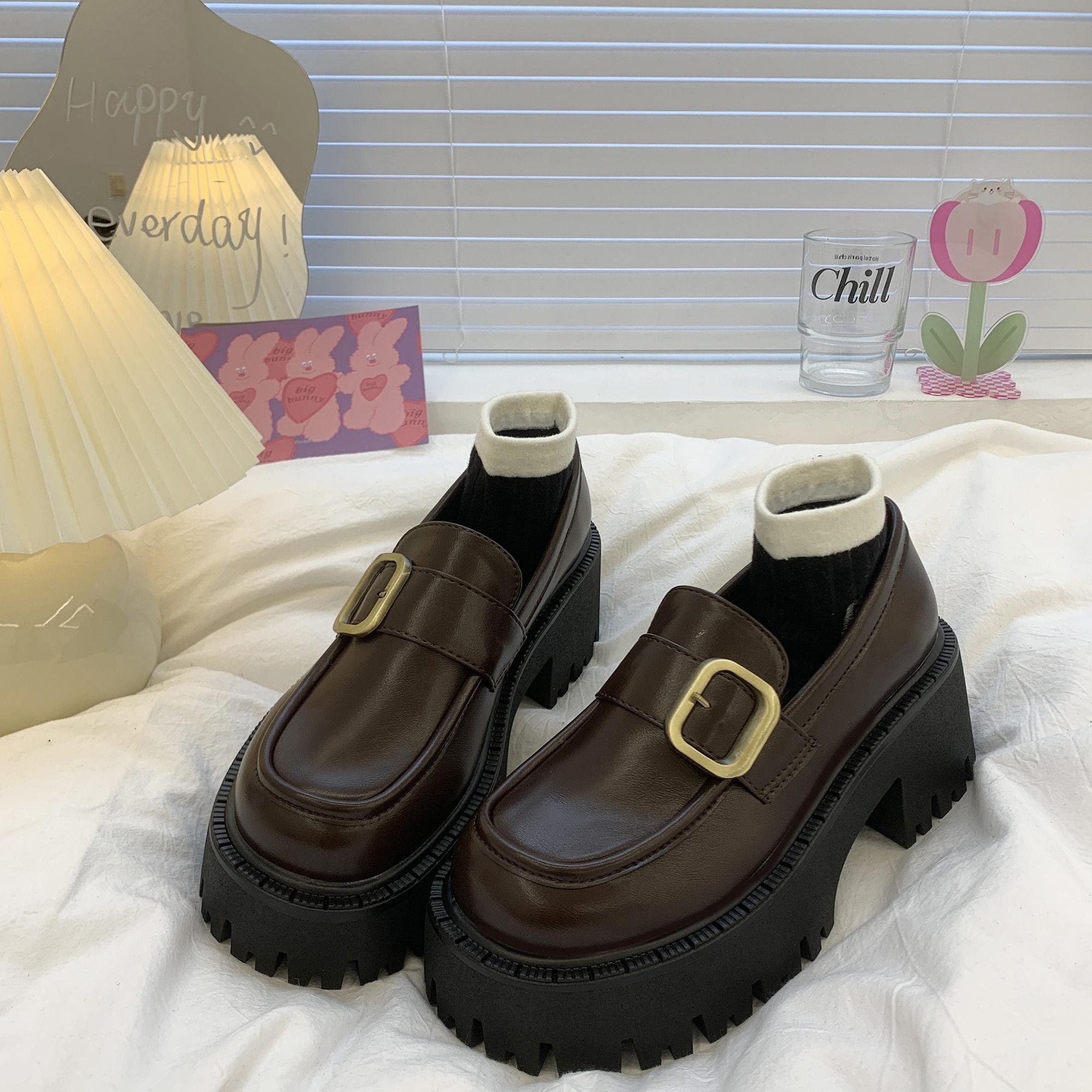 百丽纯爱棕色法式厚底乐福鞋女2023新款春季圆头百搭复古粗跟英伦