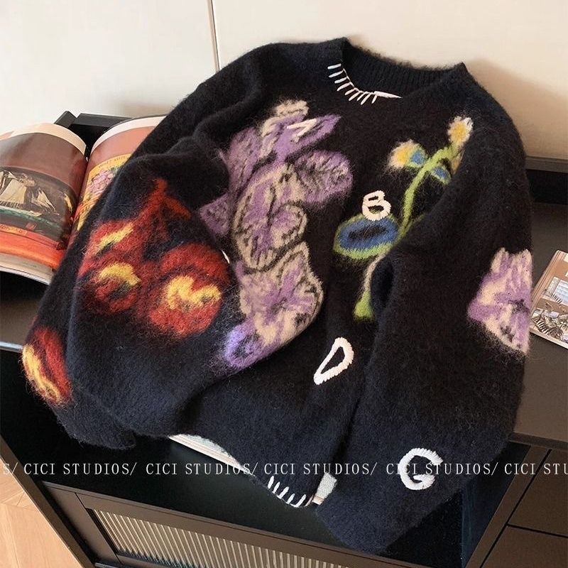 设计感提花圆领软糯套头毛衣女装秋冬小众别致宽松外搭针织衫上衣