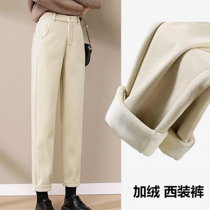高档毛呢烟管裤女高腰显瘦冬款加绒裤子女外穿保暖休闲宽松西装裤